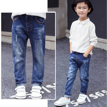 Kids Skinny Denim Trousers - Elastic Waist Sports Bottoms