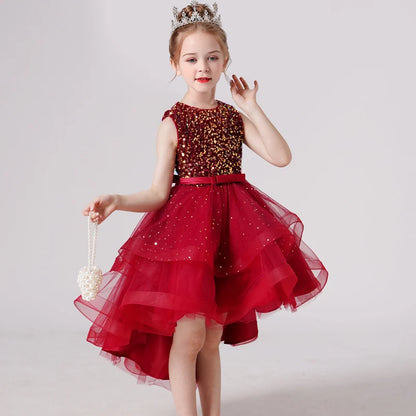 Girls Sequin Lace Sleeveless Wedding Dress - Fluffy Mesh Style