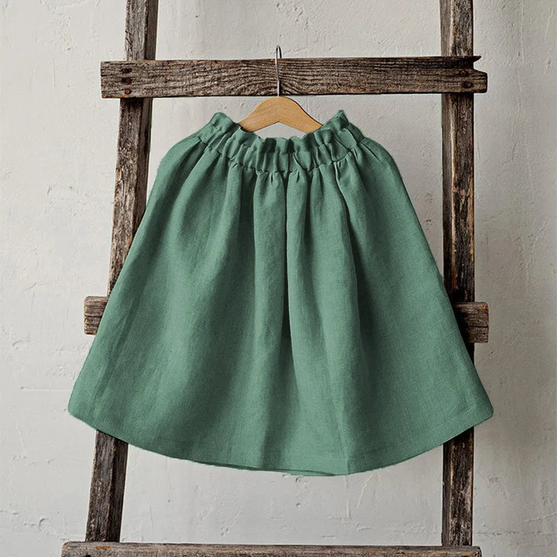 Girls Cotton Linen Elastic Waist Midi Skirt