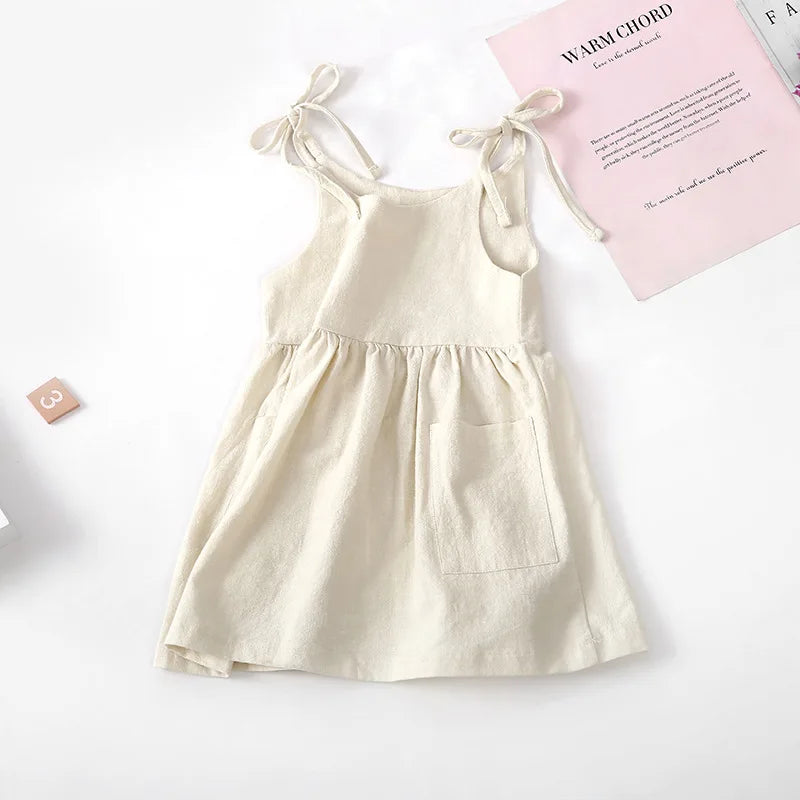 Girls Solid Suspender Summer Dress - Pocket Casual Style