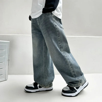 Boys Wide Straight Leg Jeans - Cotton Sports Denim Pants