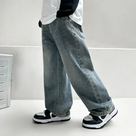 Boys Wide Straight Leg Jeans - Cotton Sports Denim Pants