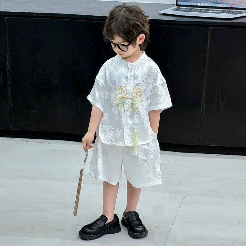 Boys Tang Style Hanfu Set - Short Sleeve Two-Piece Summer Outfit