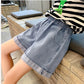 Girls Embroidered Lace Bow Denim Shorts