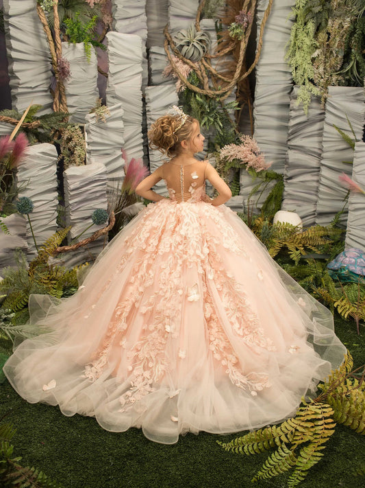Girls Pink Floral Lace Floor-Length Gown - Flower Girl Dress