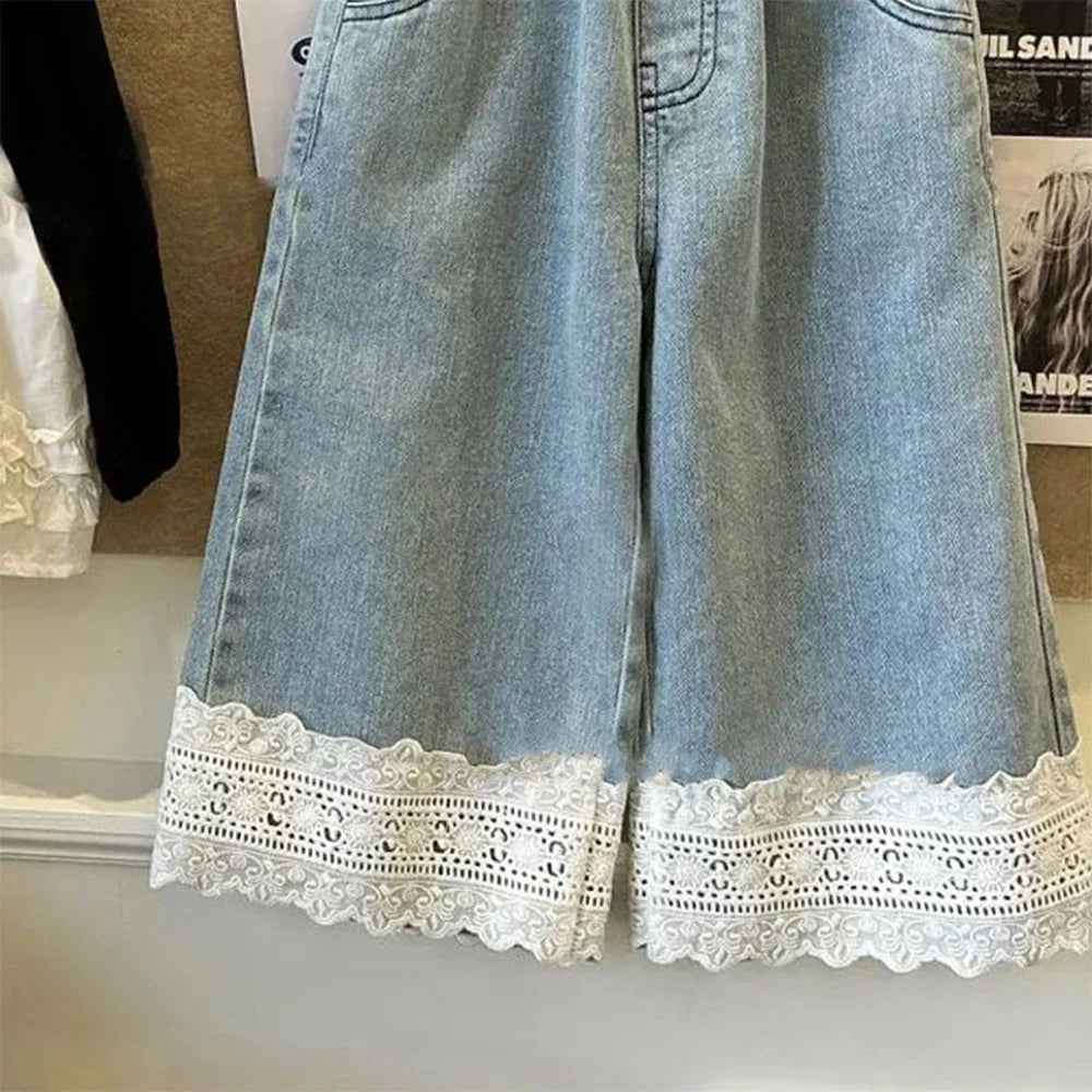 Girls Lace Detail Blue Jeans - Korean Casual Pants
