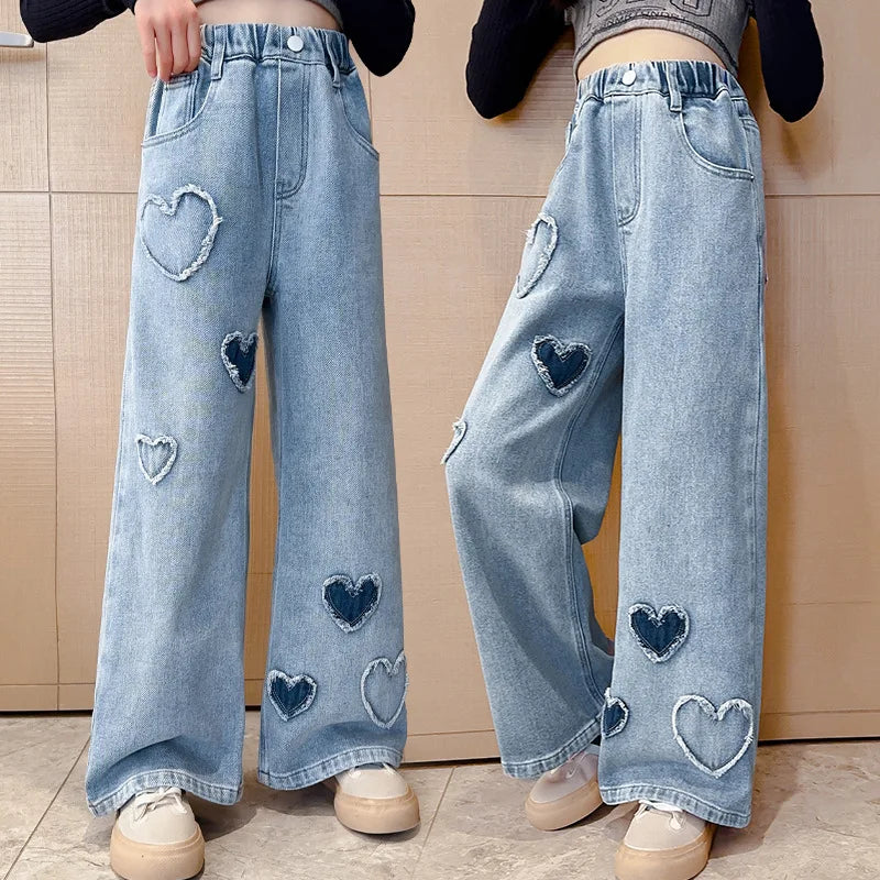 Girls Love Edge Elastic Waist Jeans - Korean Style Denim Pants