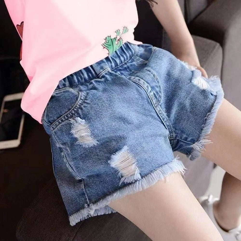 Girls High Waist Distressed Denim Shorts