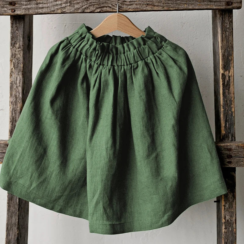 Girls Cotton Linen Elastic Waist Midi Skirt