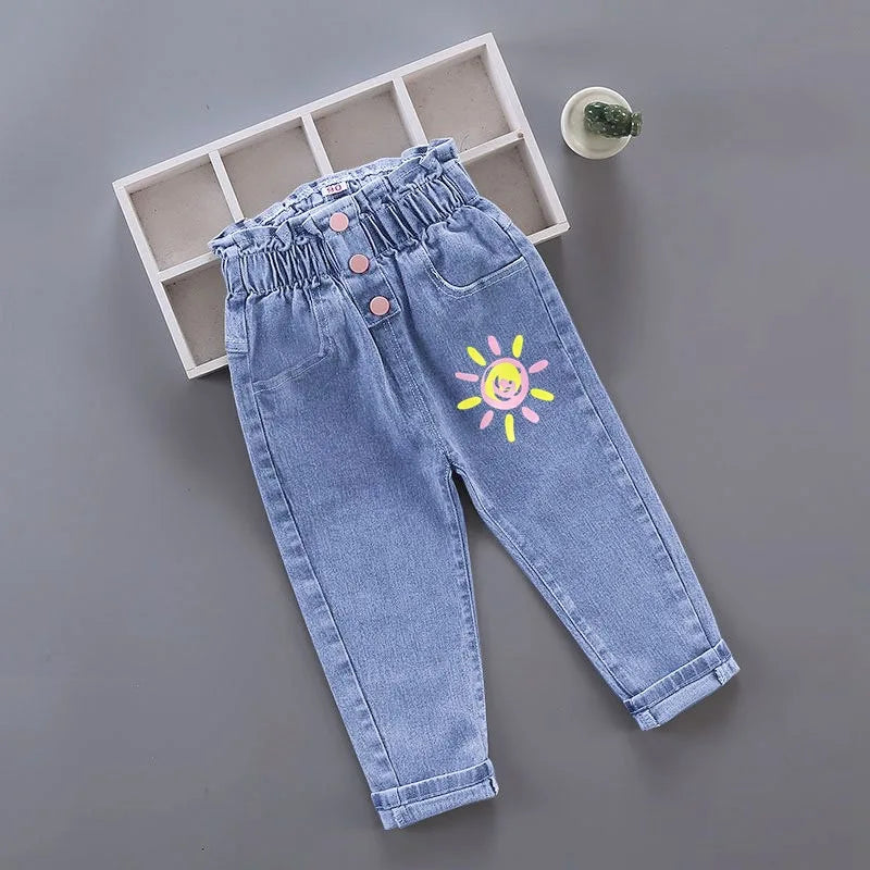 Girls Floral Graffiti Denim Pants - Cartoon Casual Jeans