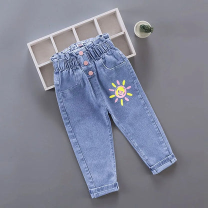 Girls Floral Graffiti Denim Pants - Cartoon Casual Jeans