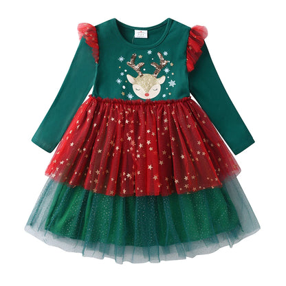 Girls Christmas Sequin Elk Party Dress - Flying Sleeve