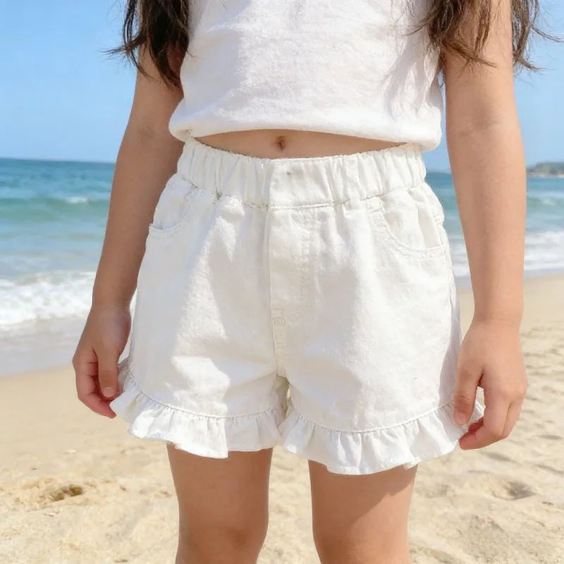 Girls Ruffled Trim Soft Denim Shorts