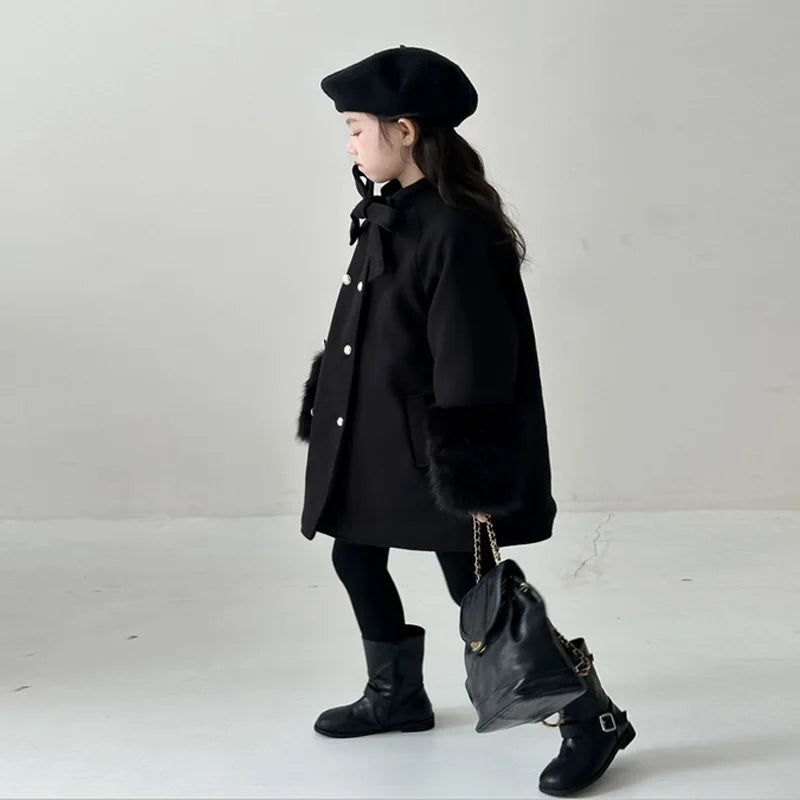 Girls Double Breasted Bow Wool Coat - Warm Winter Outerwear