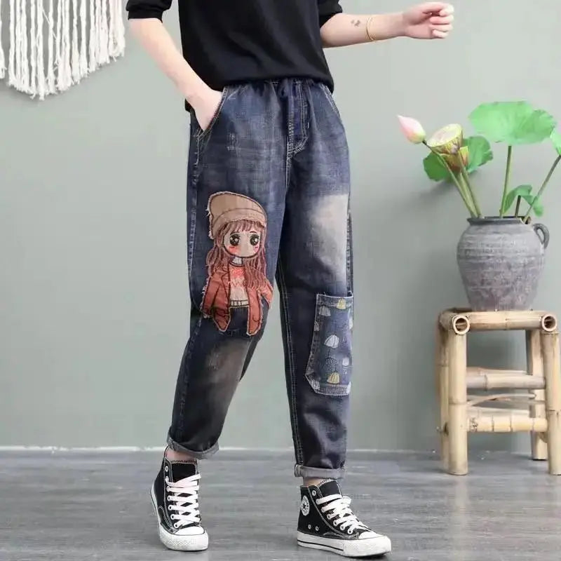 Girls Cartoon Patch Pocket Elastic Waist Harem Jeans