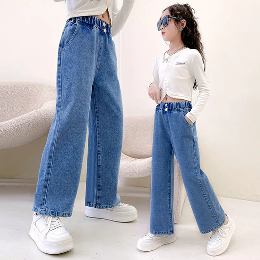 Teen Girls Loose Two Button Straight Jeans - School Trousers