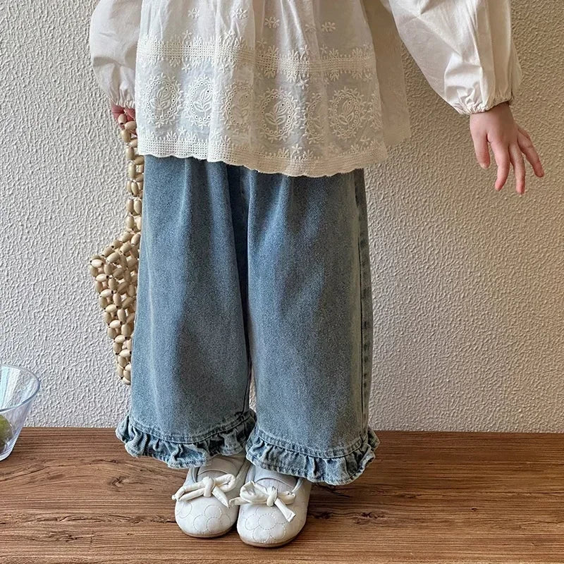 Girls Lace Wide Leg Jeans - Sweet Casual Denim Pants
