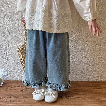 Girls Lace Wide Leg Jeans - Sweet Casual Denim Pants