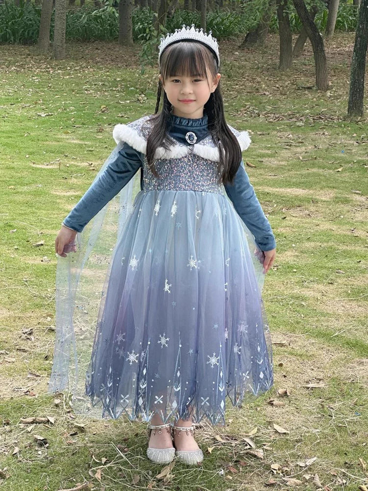 Girls Velvet Blue Cape Princess Dress Set - Warm Party Outfit