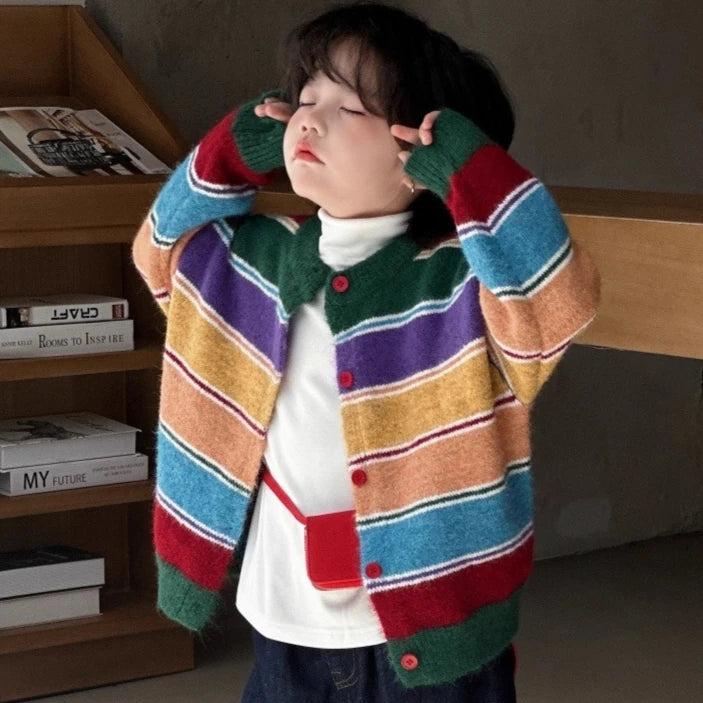 Boys Striped Knit Cardigan - Retro Rainbow Autumn Sweater
