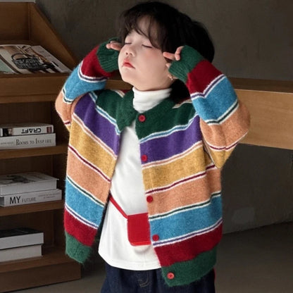 Boys Striped Knit Cardigan - Retro Rainbow Autumn Sweater