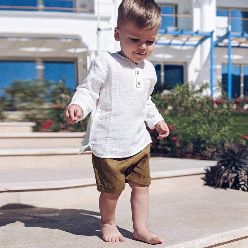 Boys Cotton Muslin Long Sleeve T-Shirt - Soft Pocket Round Neck Top