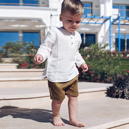 Boys Cotton Muslin Long Sleeve T-Shirt - Soft Pocket Round Neck Top