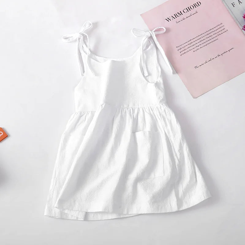 Girls Solid Suspender Summer Dress - Pocket Casual Style