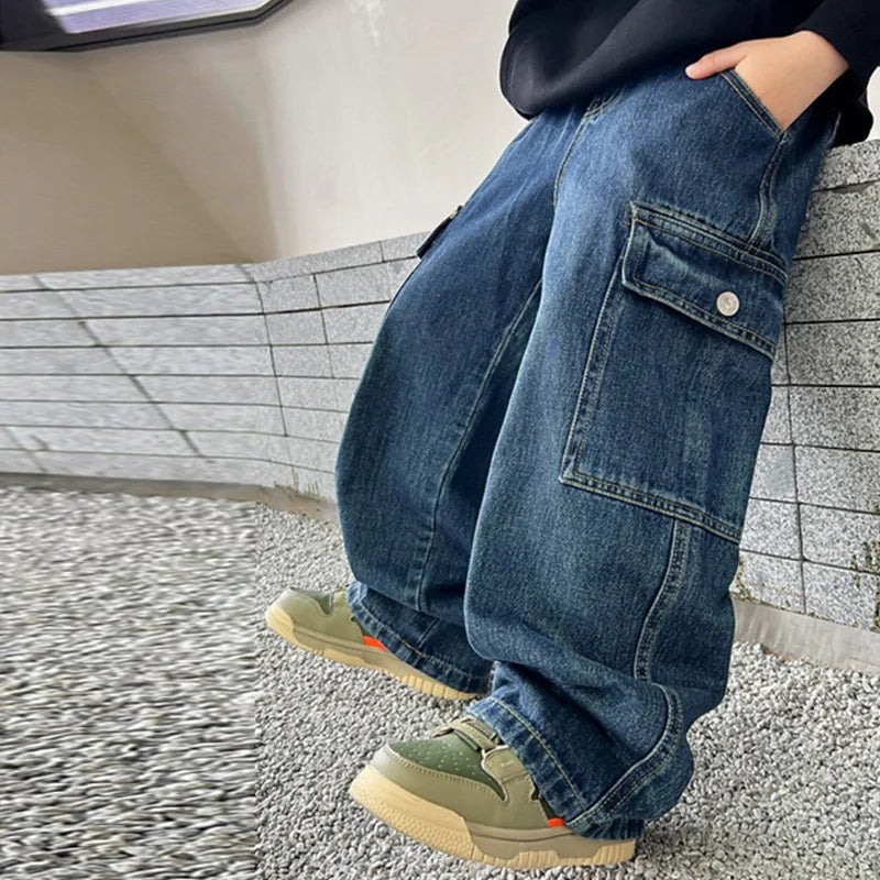 Teen Boys Wide Leg Cargo Jeans - Loose Straight Denim Pants
