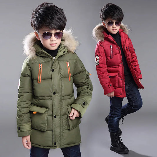 Kids Plush Hooded Padded Jacket - Medium Length Winter Coat