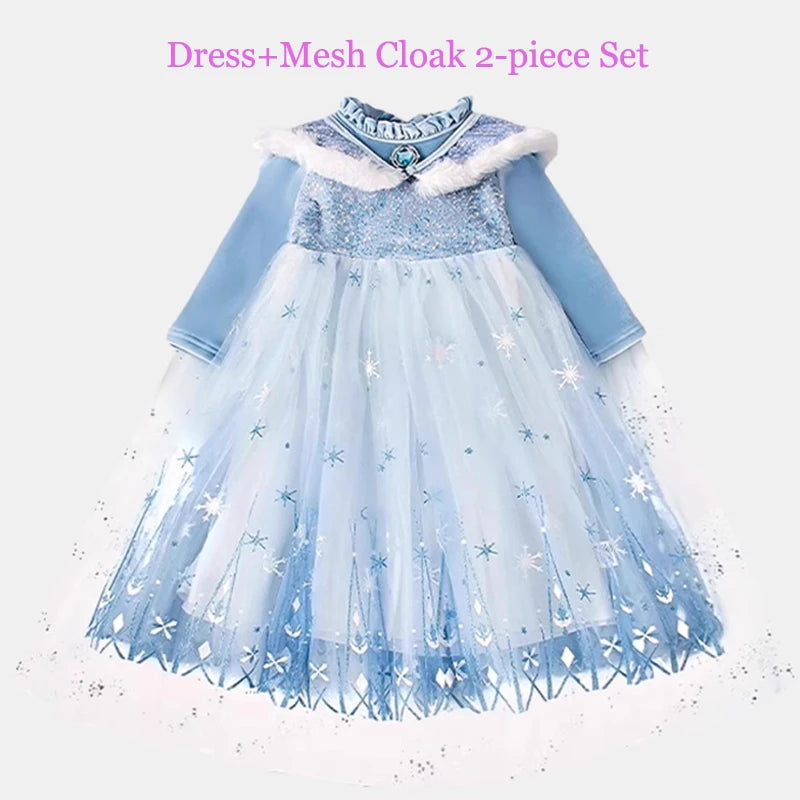 Girls Velvet Blue Cape Princess Dress Set - Warm Party Outfit
