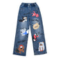 Girls Cartoon Print Elastic Waist Wide Leg Jeans