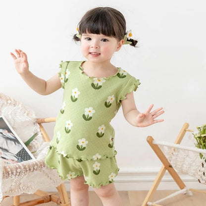 Baby Girls Flower Print Pajama Set - Short Sleeve Summer Outfit