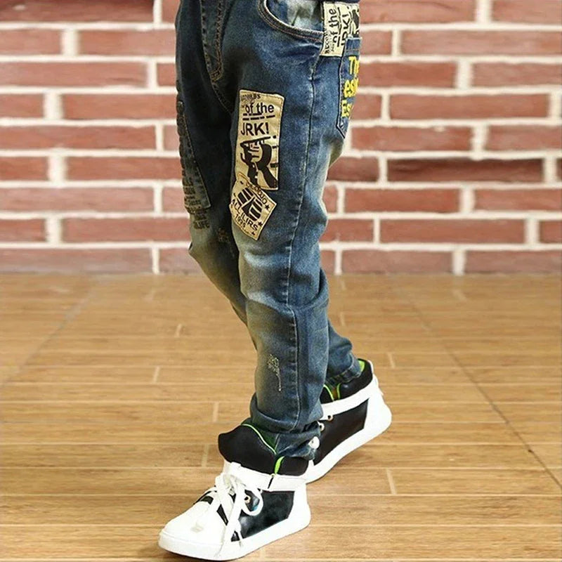Kids Skinny Denim Trousers - Elastic Waist Sports Bottoms
