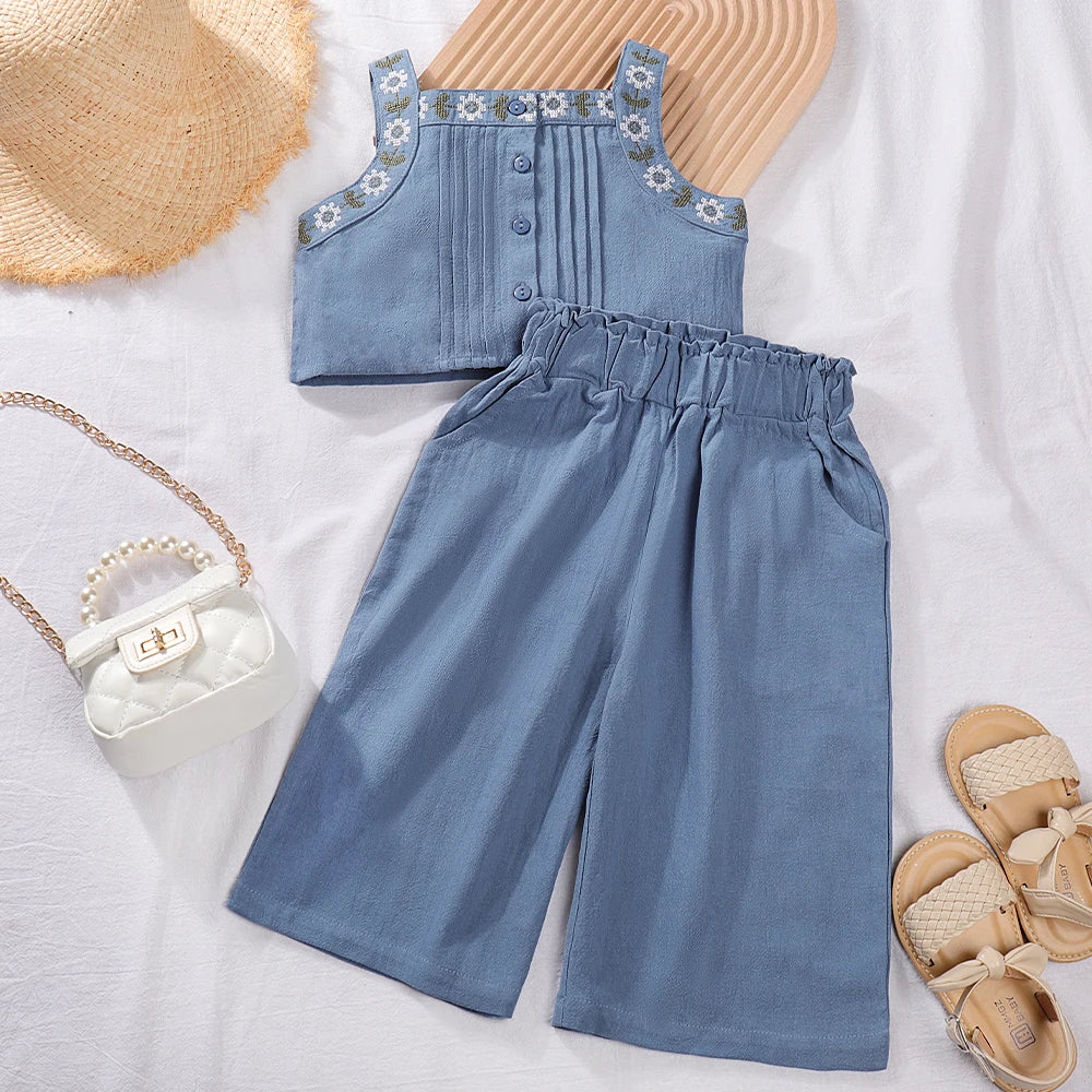 Girls Bubble Sleeve Shirt and Wide Leg Pants Set