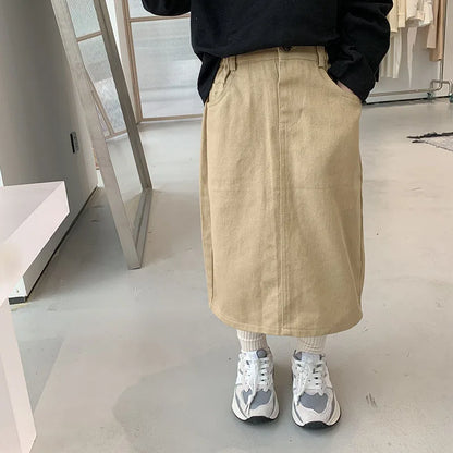 Girls Korean Style Mid Length A-Line Pocket Skirt