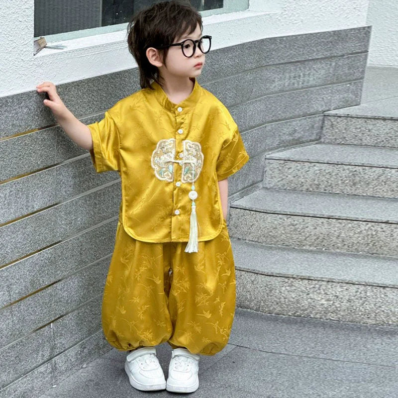 Boys Tang Style Hanfu Set - Short Sleeve Two-Piece Summer Outfit