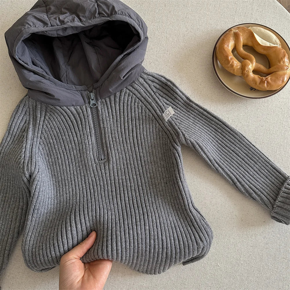 Boys Half-Zip Hooded Knit Sweater - Autumn Winter Sweatshirt