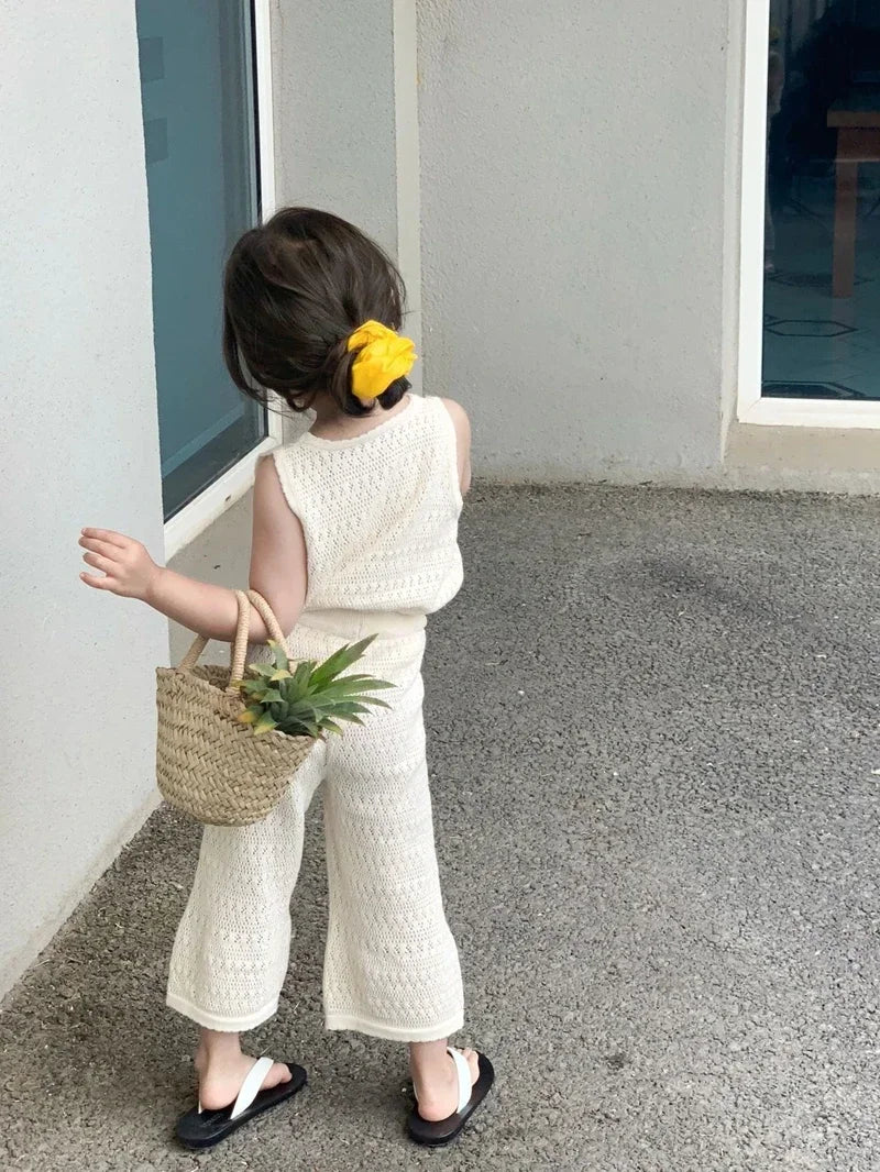 Girls Knitted Vest Wide Leg Pants Set - Breathable Summer Style