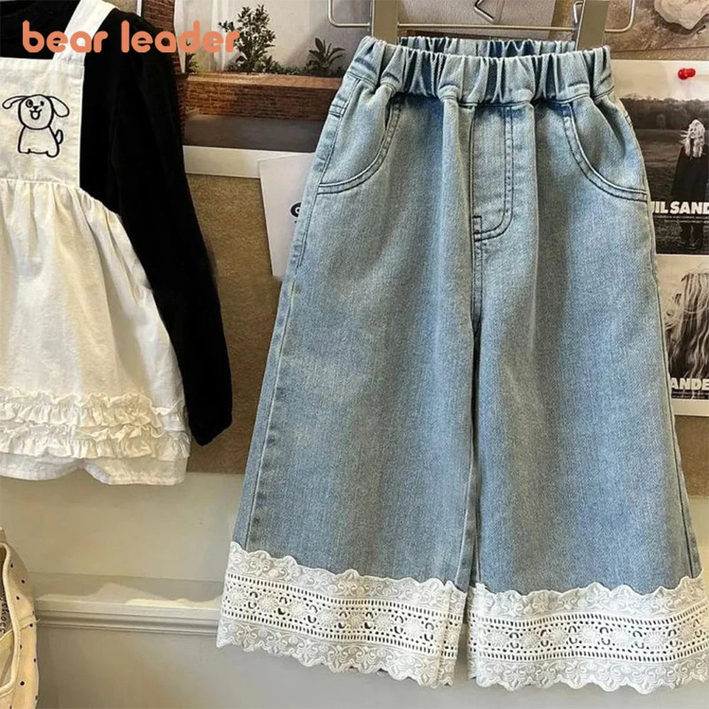 Girls Lace Detail Blue Jeans - Korean Casual Pants