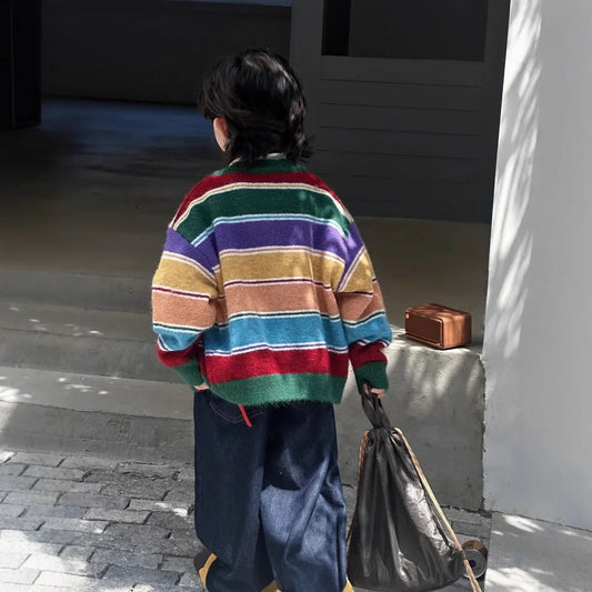 Boys Striped Knit Cardigan - Retro Rainbow Autumn Sweater