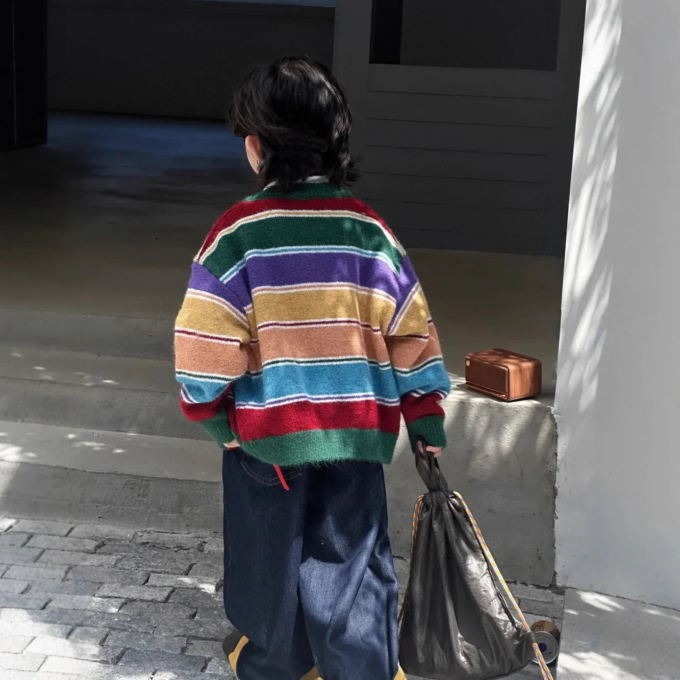 Boys Striped Knit Cardigan - Retro Rainbow Autumn Sweater