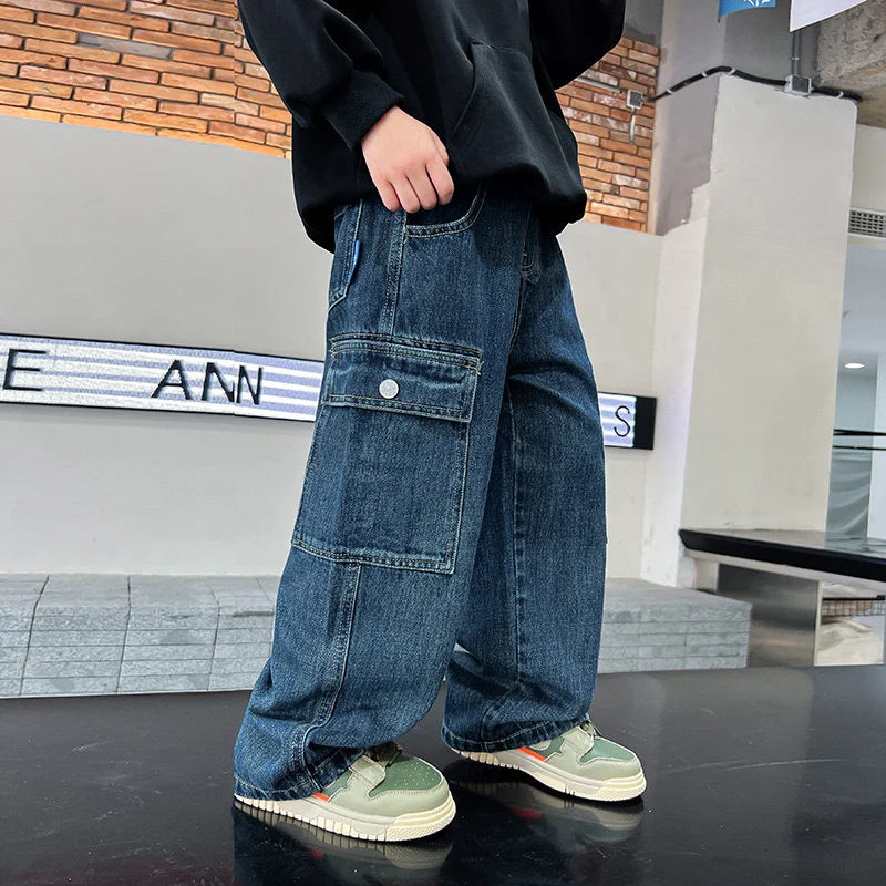 Teen Boys Wide Leg Cargo Jeans - Loose Straight Denim Pants