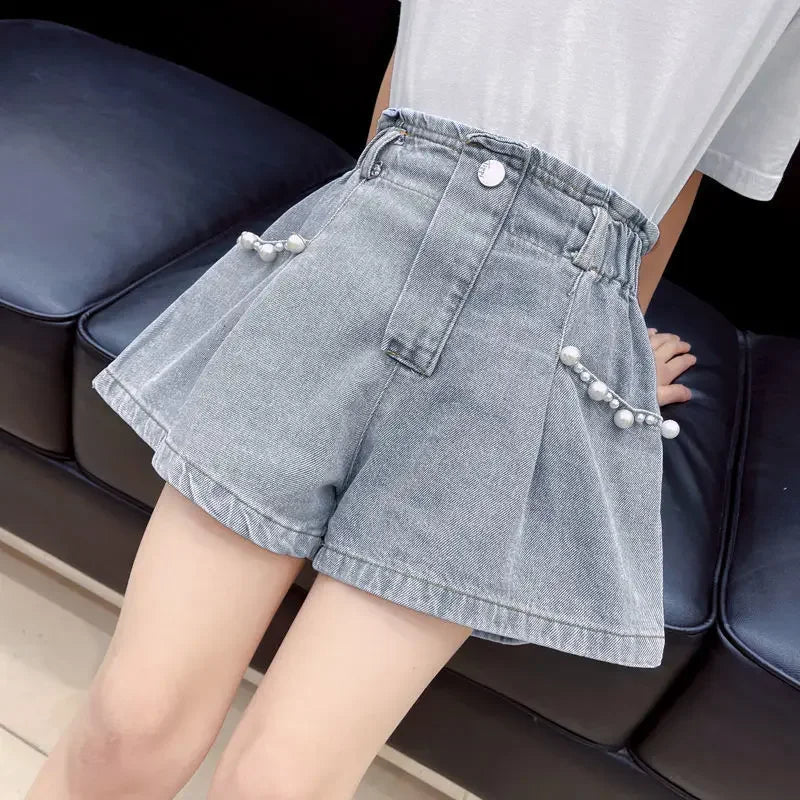 Girls Embroidered Lace Bow Denim Shorts