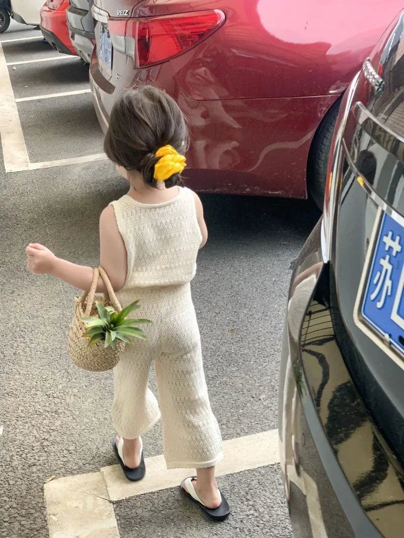 Girls Knitted Vest Wide Leg Pants Set - Breathable Summer Style