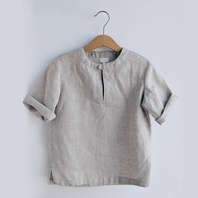 Boys Linen Cotton T-Shirt - Solid Short Sleeve Round Neck Top
