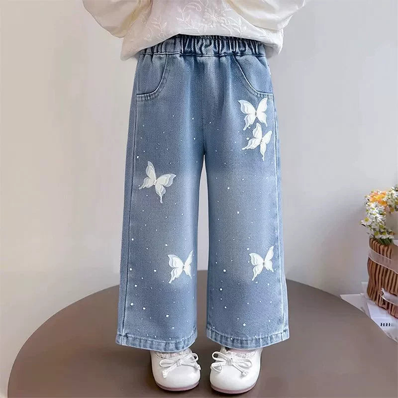 Girls Diamond Bow Straight Leg Jeans - Loose Denim Trousers