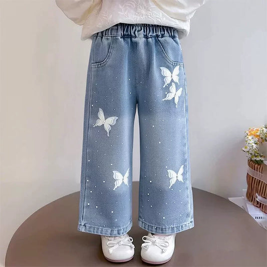 Girls Diamond Bow Straight Leg Jeans - Loose Denim Trousers