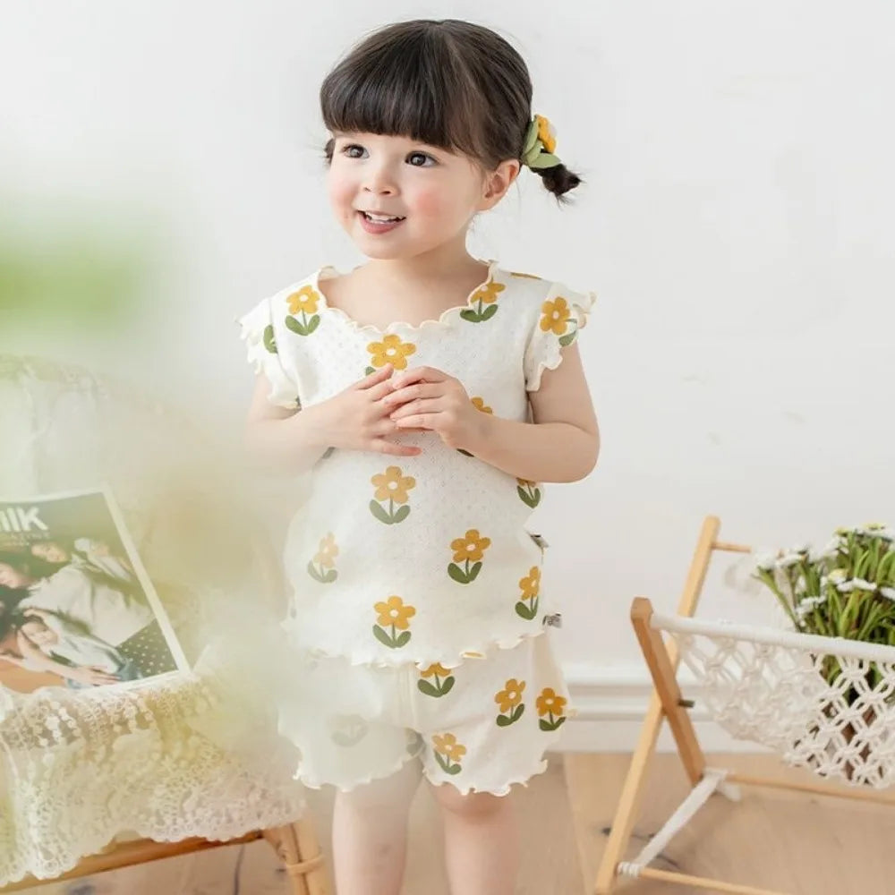 Baby Girls Flower Print Pajama Set - Short Sleeve Summer Outfit