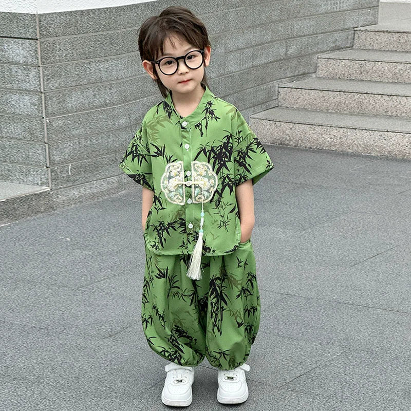 Boys Tang Style Hanfu Set - Short Sleeve Two-Piece Summer Outfit